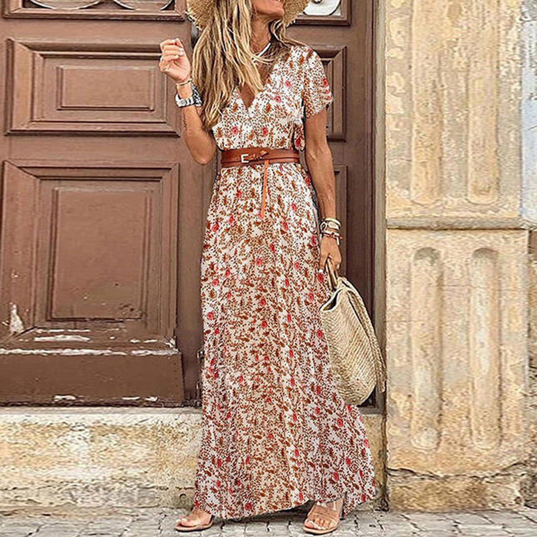Damen Maxi Sommerkleid V-Ausschnitt Beinschlitz Bindegürtel Luftig