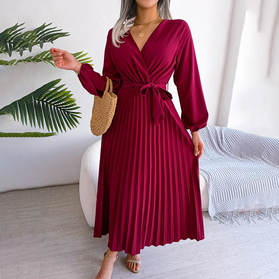 Damen Maxikleid V-Ausschnitt Taillengürtel Plisseerock - Norvielle