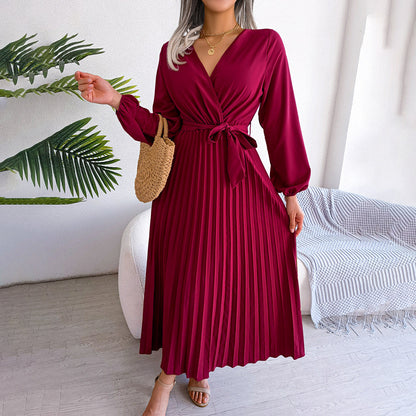 Damen Maxikleid V-Ausschnitt Taillengürtel Plisseerock - Norvielle