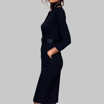 Damen Midi-Kleid Langärmlig Mit Taillengürtel