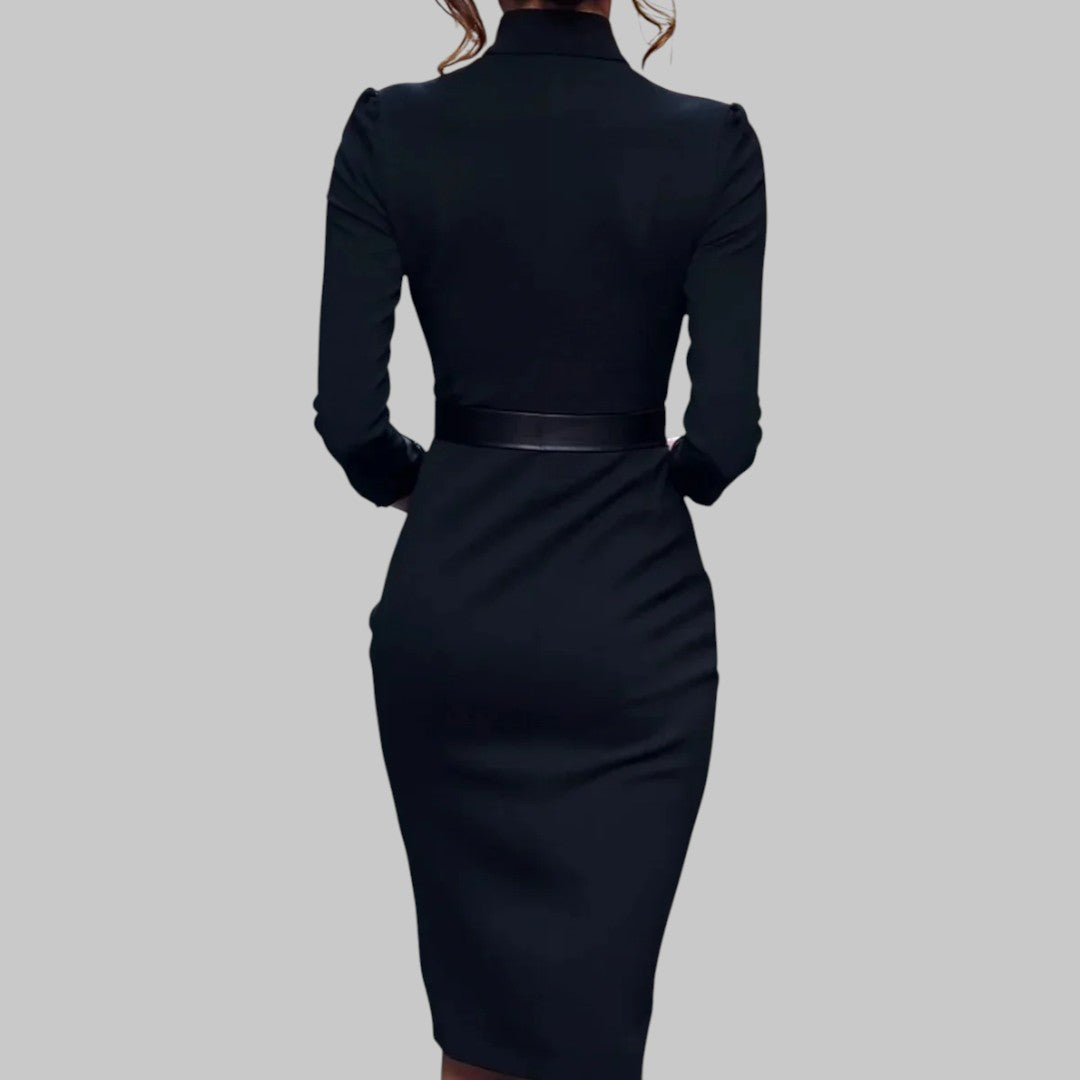 Damen Midi-Kleid Langärmlig Mit Taillengürtel