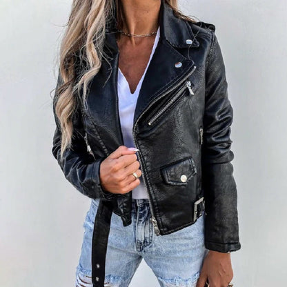 Damen Bikerjacke Kurz Leder Reverskragen