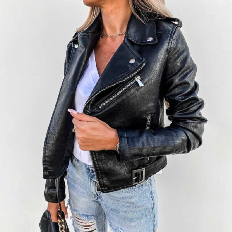 Damen Bikerjacke Kurz Leder Reverskragen Schwarz - Norvielle