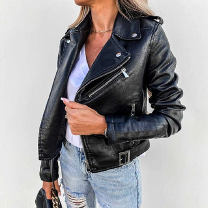 Damen Bikerjacke Kurz Leder Reverskragen Schwarz - Norvielle