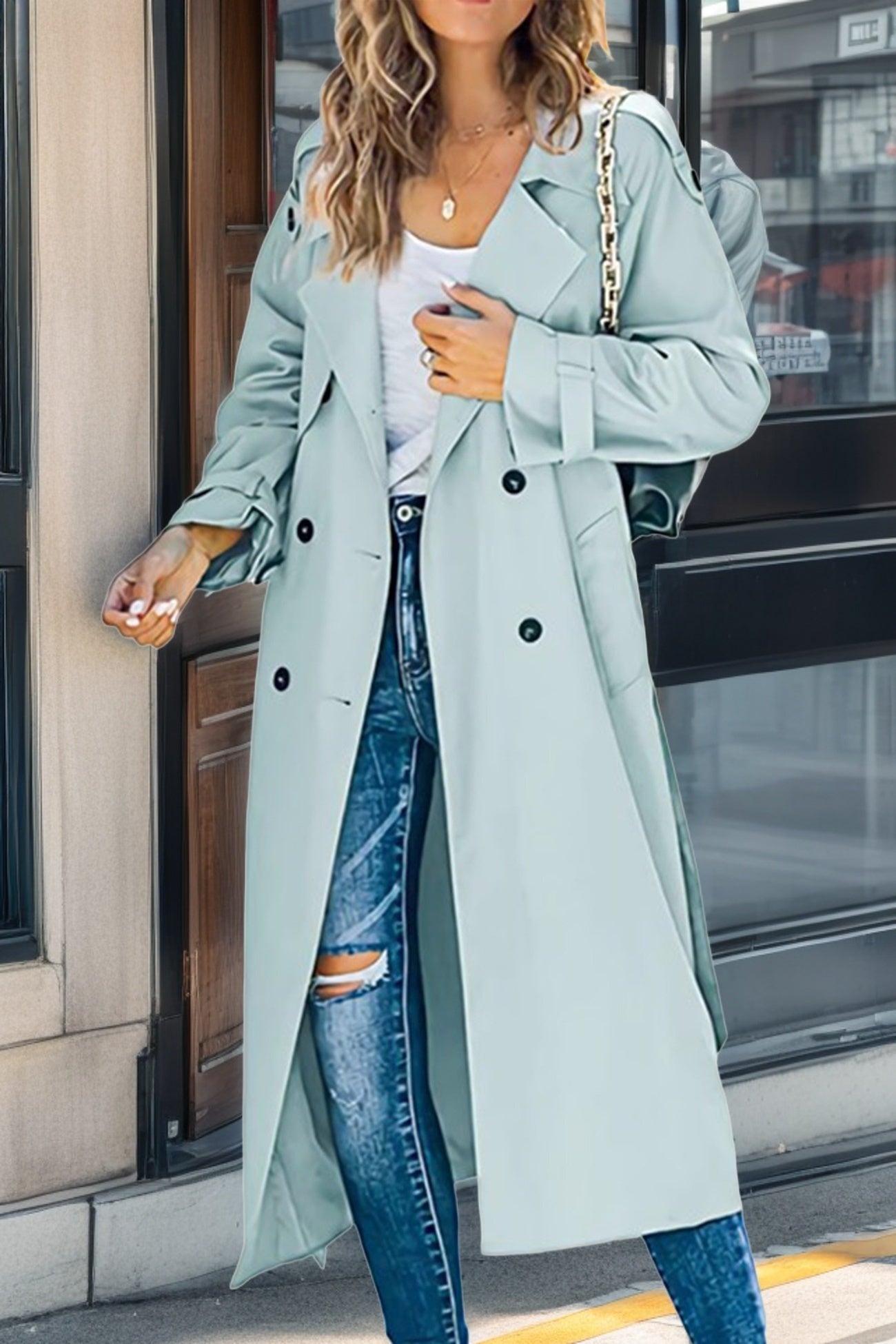 Norvielle Damen Trenchcoat Lang Leicht Mit Gürtel - Norvielle