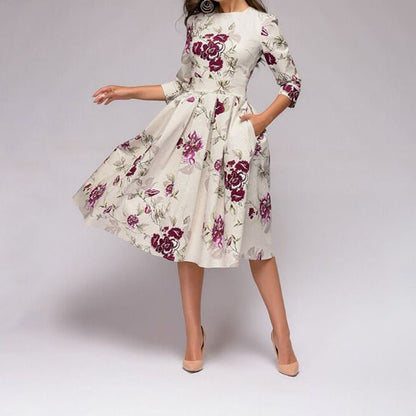 Damen Hochzeitsgastkleid Blumendruck Midi