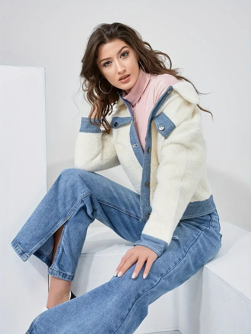 Damen Jeansjacke Plüsch Patchwork Knöpfe