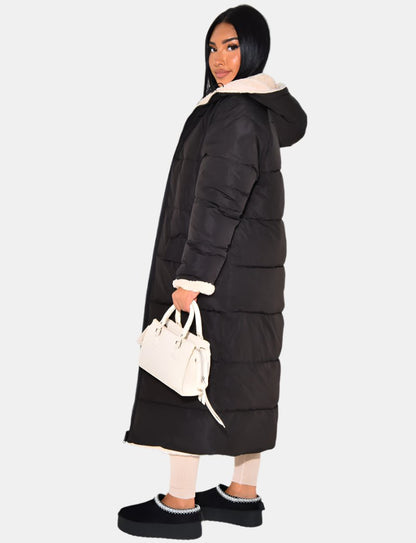 Damen Reversible Fleece Wintermantel Warm Gepolstert Kapuze Schwarz - Norvielle