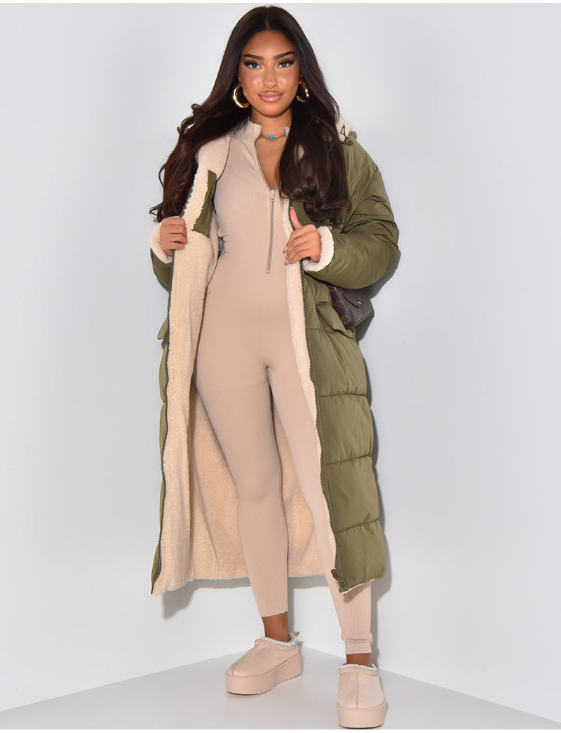 Damen Reversible Fleece Wintermantel Warm Gepolstert Kapuze