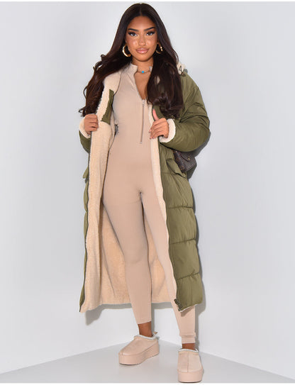 Damen Reversible Fleece Wintermantel Warm Gepolstert Kapuze