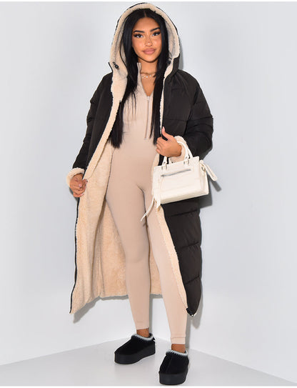 Damen Reversible Fleece Wintermantel Warm Gepolstert Kapuze