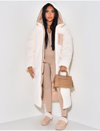 Damen Reversible Fleece Wintermantel Warm Gepolstert Kapuze