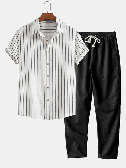 Herren Sommer-Set Gestreiftes Hemd Leinenhose Beige