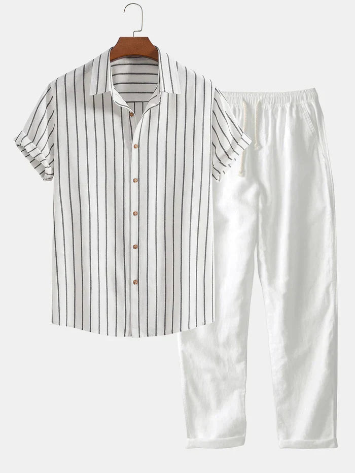 Herren Sommer-Set Gestreiftes Hemd Leinenhose Beige