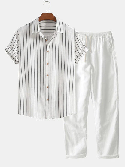 Herren Sommer-Set Gestreiftes Hemd Leinenhose Beige