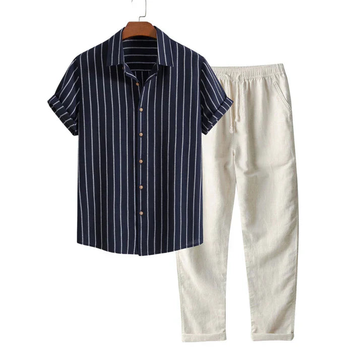Herren Sommer-Set Gestreiftes Hemd Leinenhose Beige