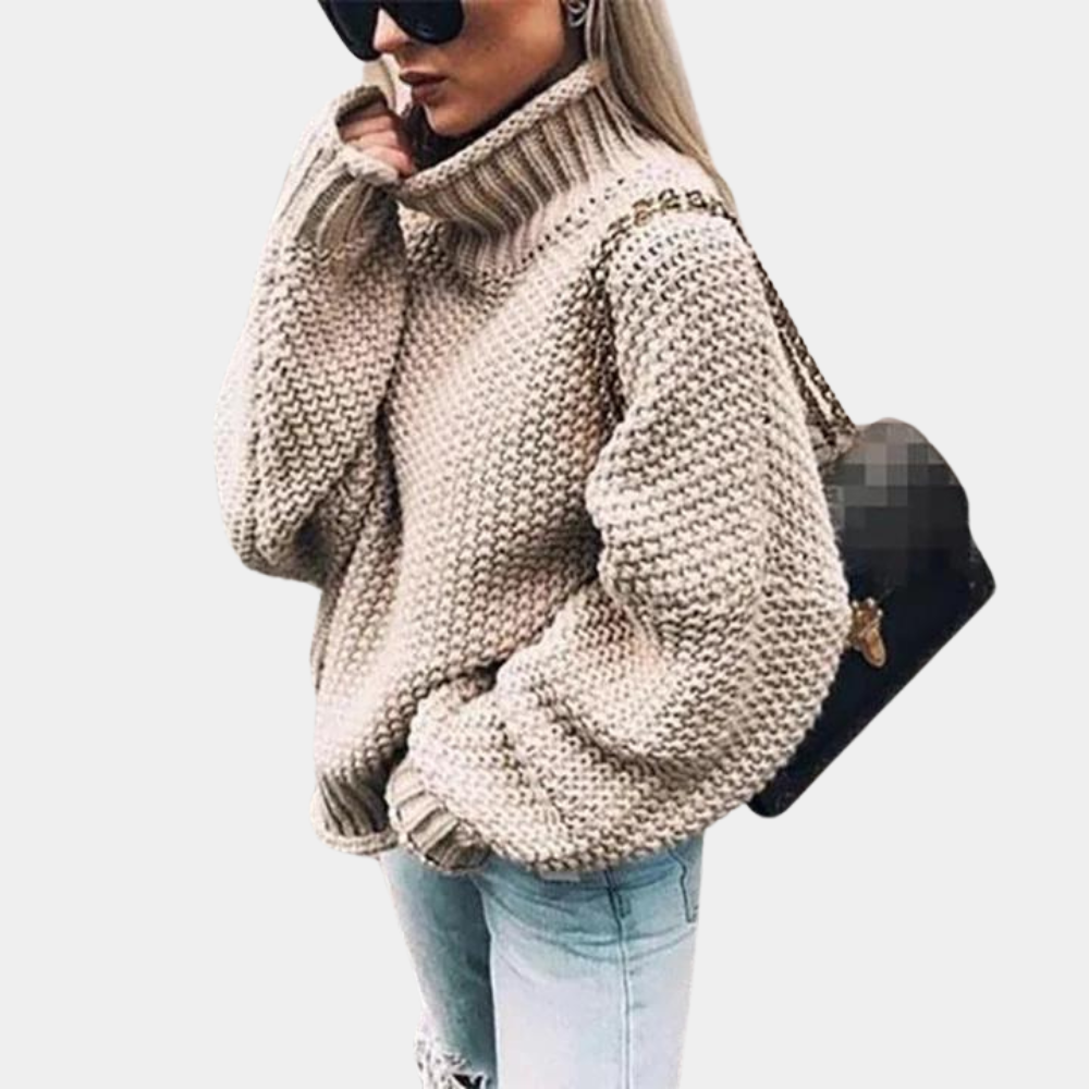 Damen Oversize Rollkragenpullover Grobstrick Beige
