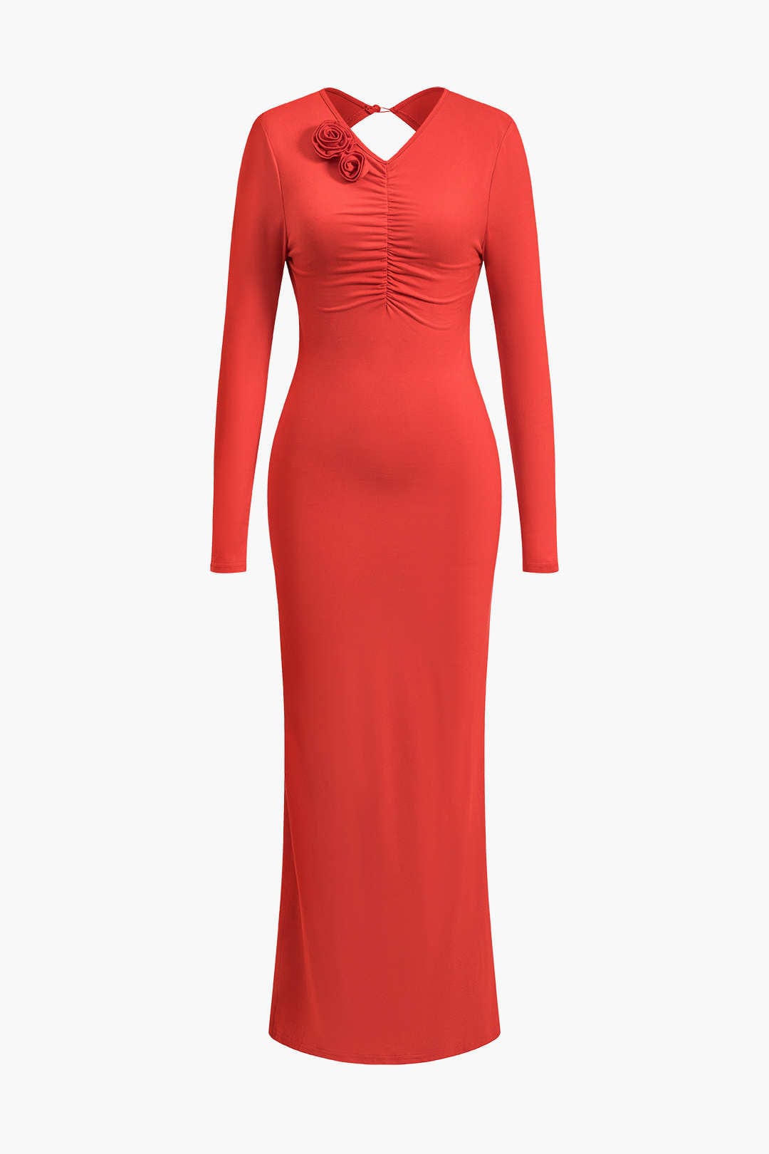 Damen Maxikleid Langarm Rückenfrei Blumendetail Elegantes Design