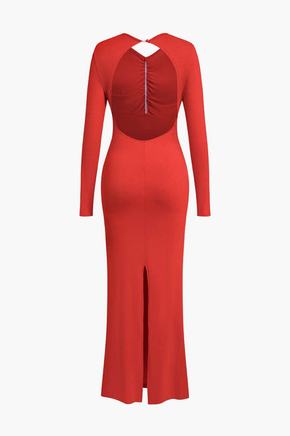 Damen Maxikleid Langarm Rückenfrei Blumendetail Elegantes Design
