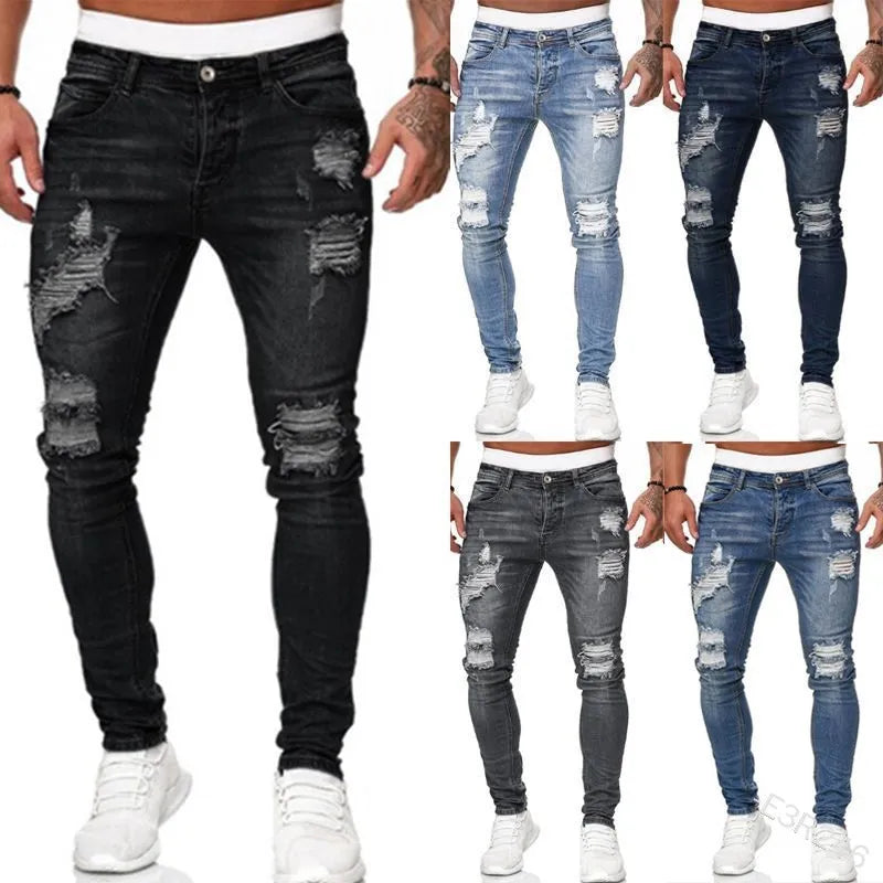 Herren Röhrenjeans Stretch Slim Fit Rissig Schwarz - Norvielle
