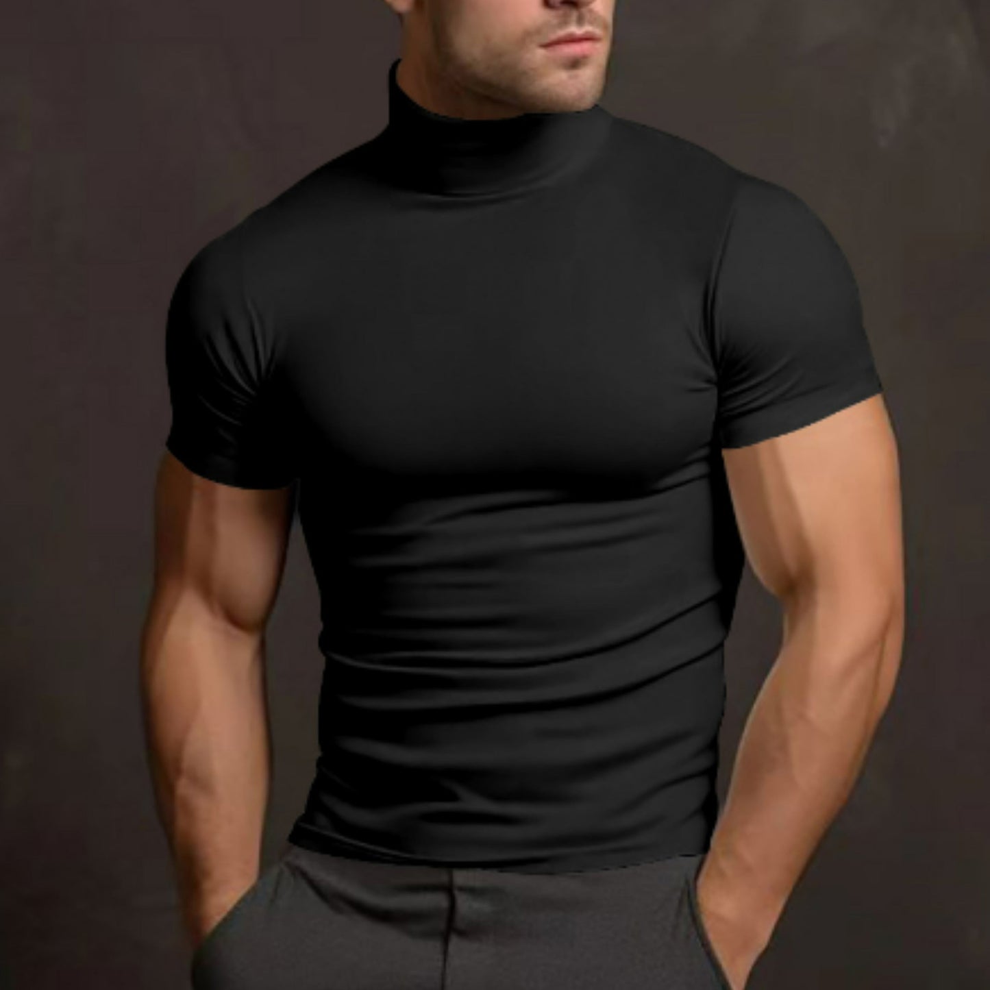 Herren Rollkragen T-Shirt Slim Fit Kurzärmelig Schwarz - Norvielle