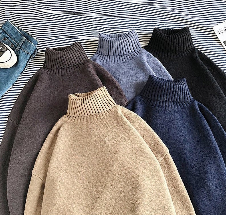 Männer Rollkragenpullover Warmes Strickoberteil Loose Fit Dunkelblau - Norvielle