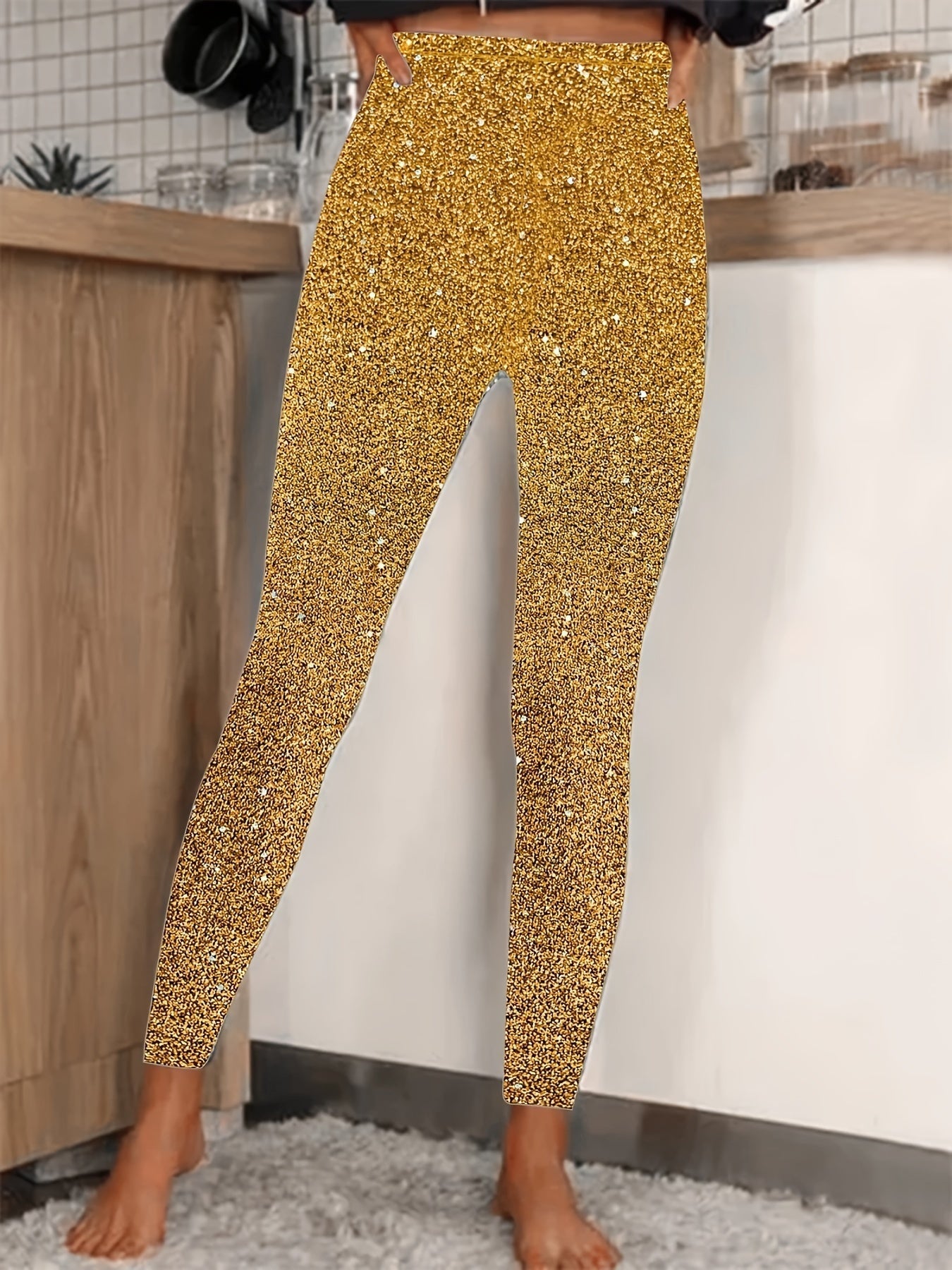 Norvielle Damen Leggings Hochtaillierte Pailletten Glänzend Schwarz - Norvielle