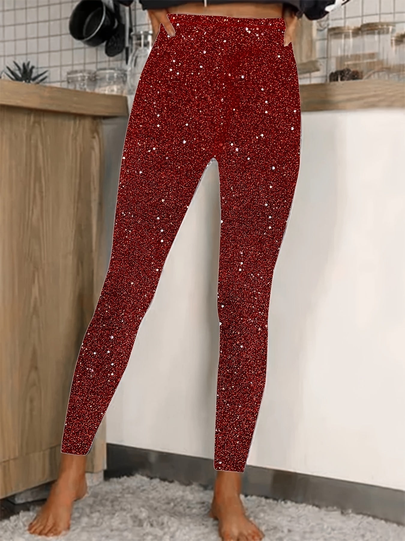 Norvielle Damen Leggings Hochtaillierte Pailletten Glänzend