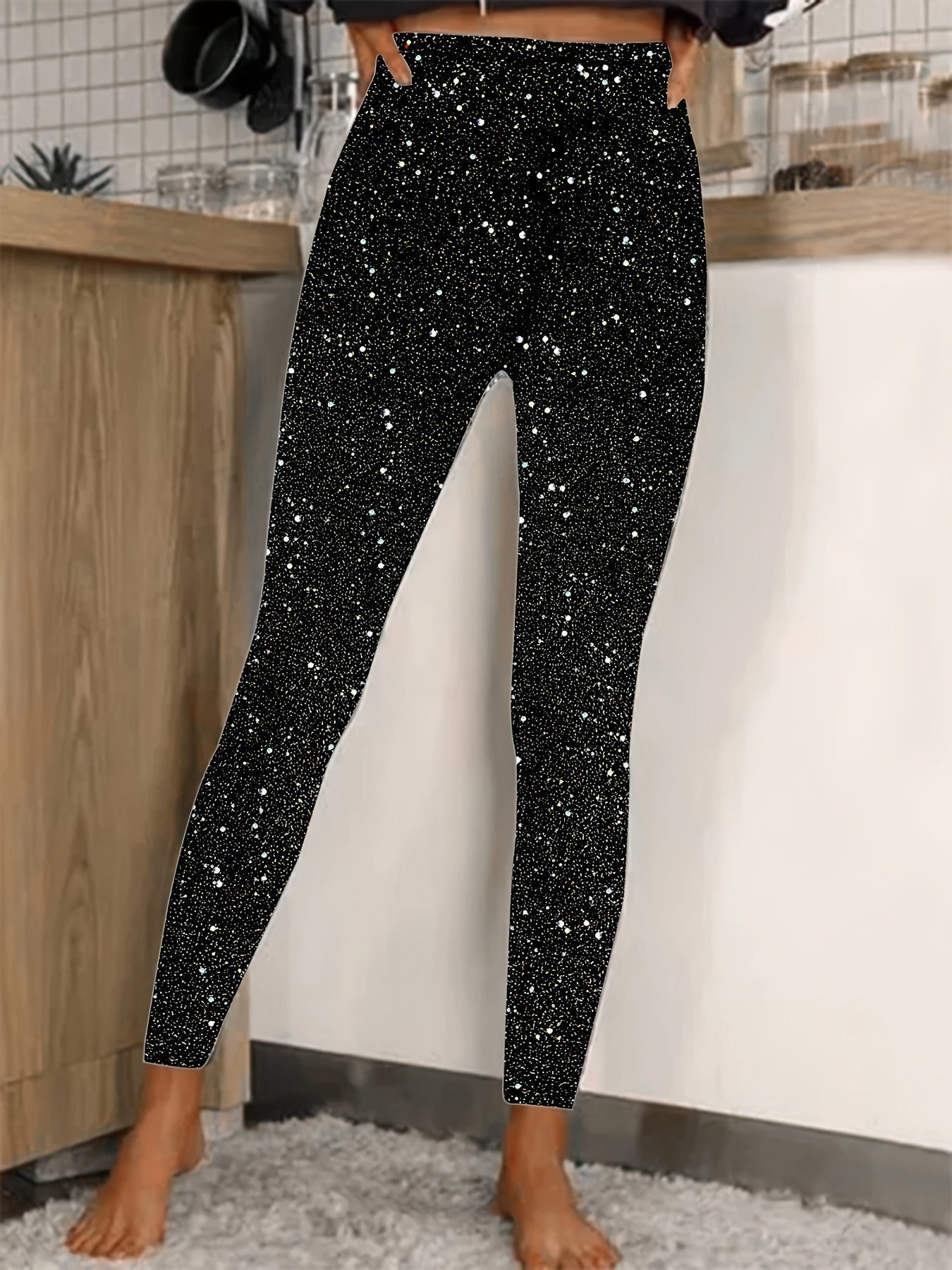 Norvielle Damen Leggings Hochtaillierte Pailletten Glänzend