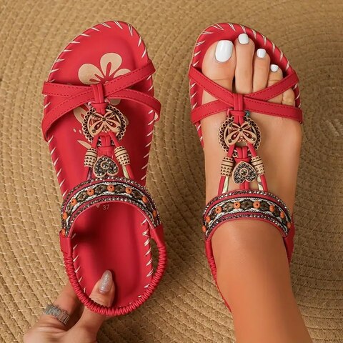 Damen Flache Sandalen Boho Stil Leder