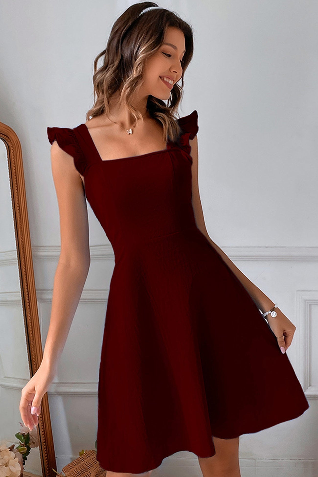 Norvielle Damen Rüschenkleid Mini Rückenschnürung