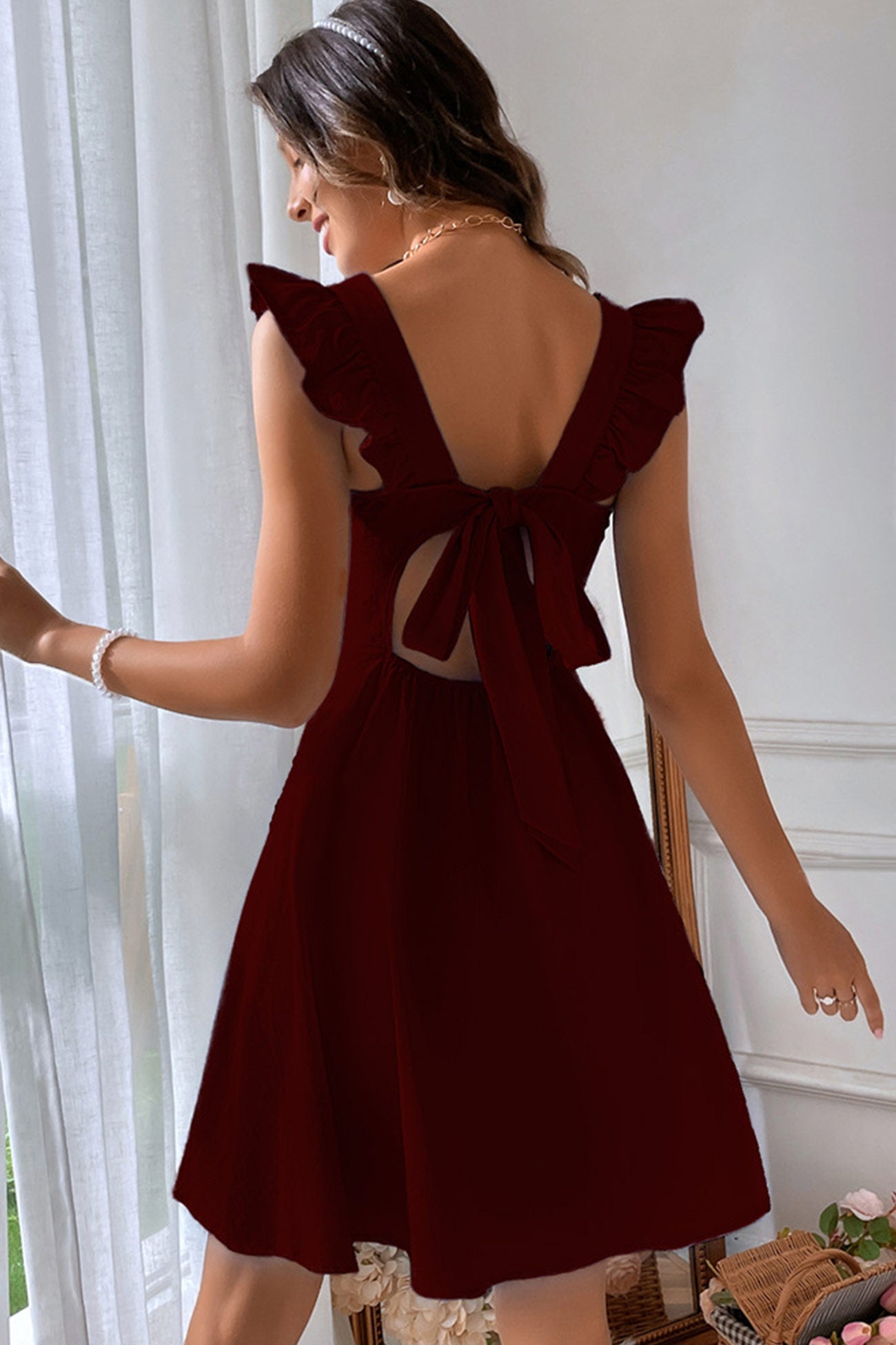 Norvielle Damen Rüschenkleid Mini Rückenschnürung