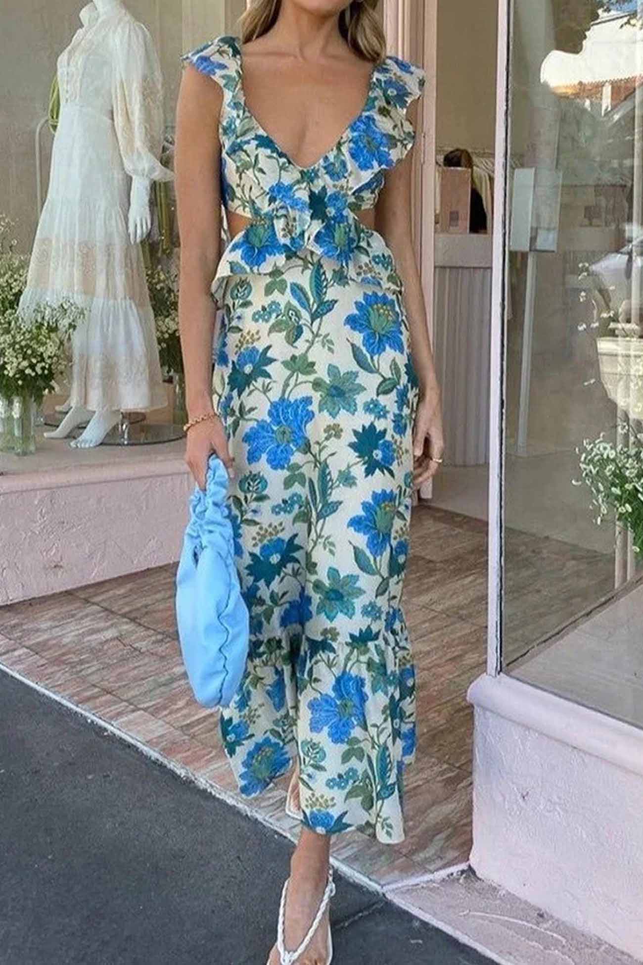 Damen Maxi Kleid Floral Elegant Rüschen Dunkel