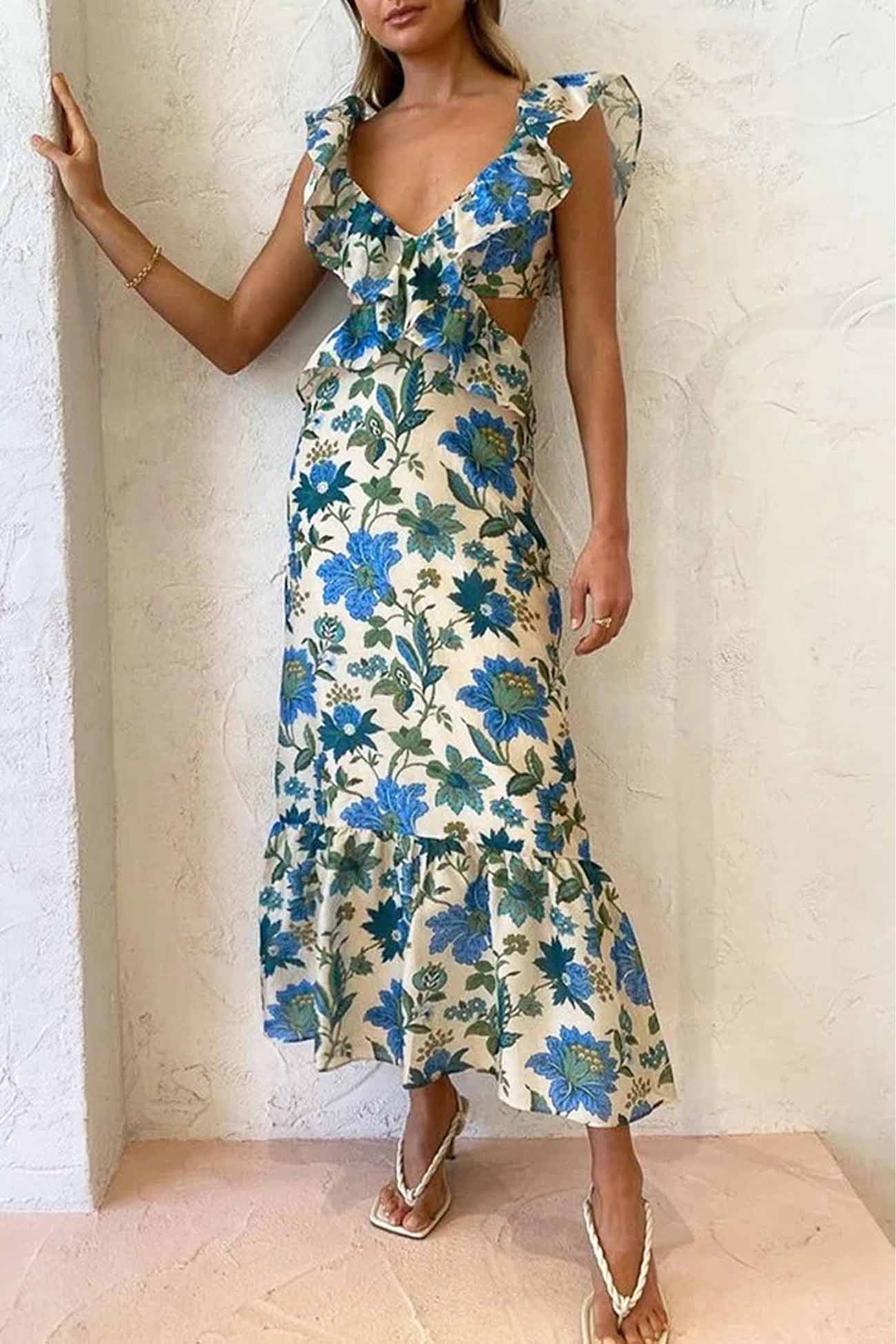 Damen Maxi Kleid Floral Elegant Rüschen Dunkel