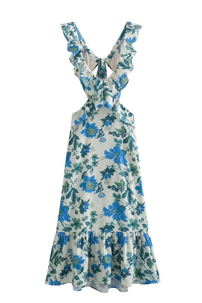 Damen Maxi Kleid Floral Elegant Rüschen Dunkel