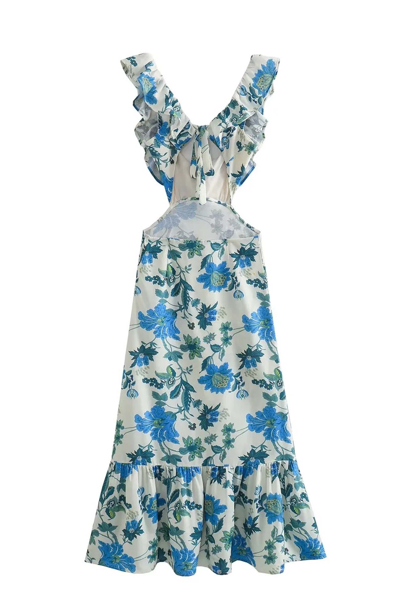 Damen Maxi Kleid Floral Elegant Rüschen Dunkel