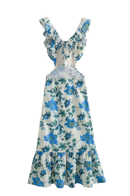 Damen Maxi Kleid Floral Elegant Rüschen Dunkel