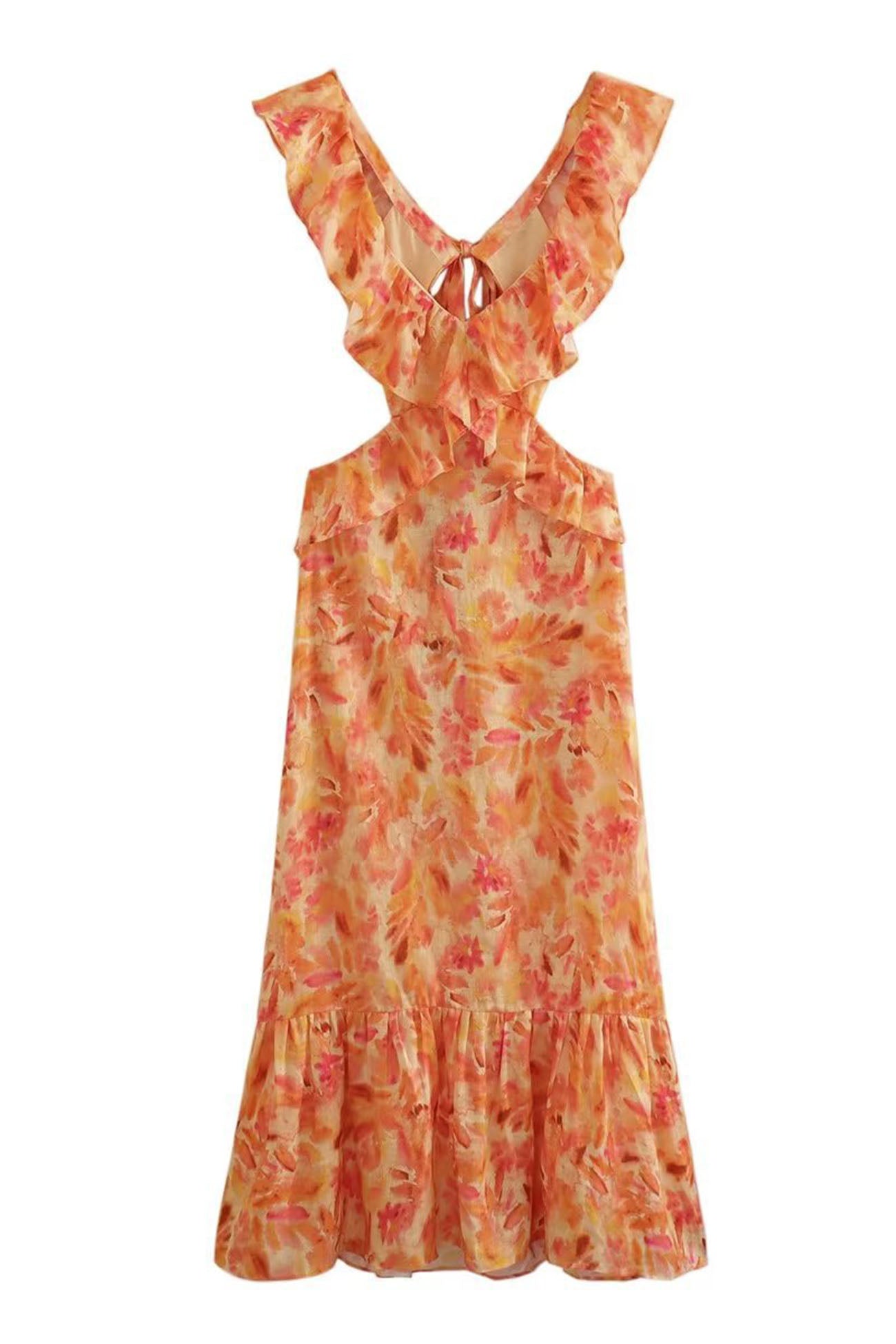 Damen Maxi Kleid Floral Elegant Rüschen Dunkel