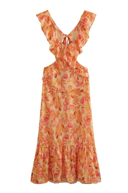 Damen Maxi Kleid Floral Elegant Rüschen Dunkel