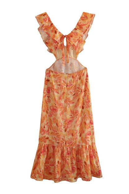 Damen Maxi Kleid Floral Elegant Rüschen Dunkel