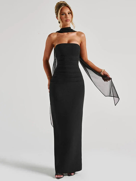 Abendballkleid Damen Strapless Bodenlang Säulensilhouette Mit Halstuch - Norvielle