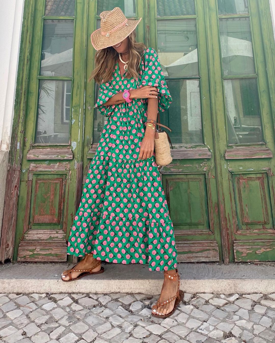Damen Maxikleid Puffärmel Bequem Sommer