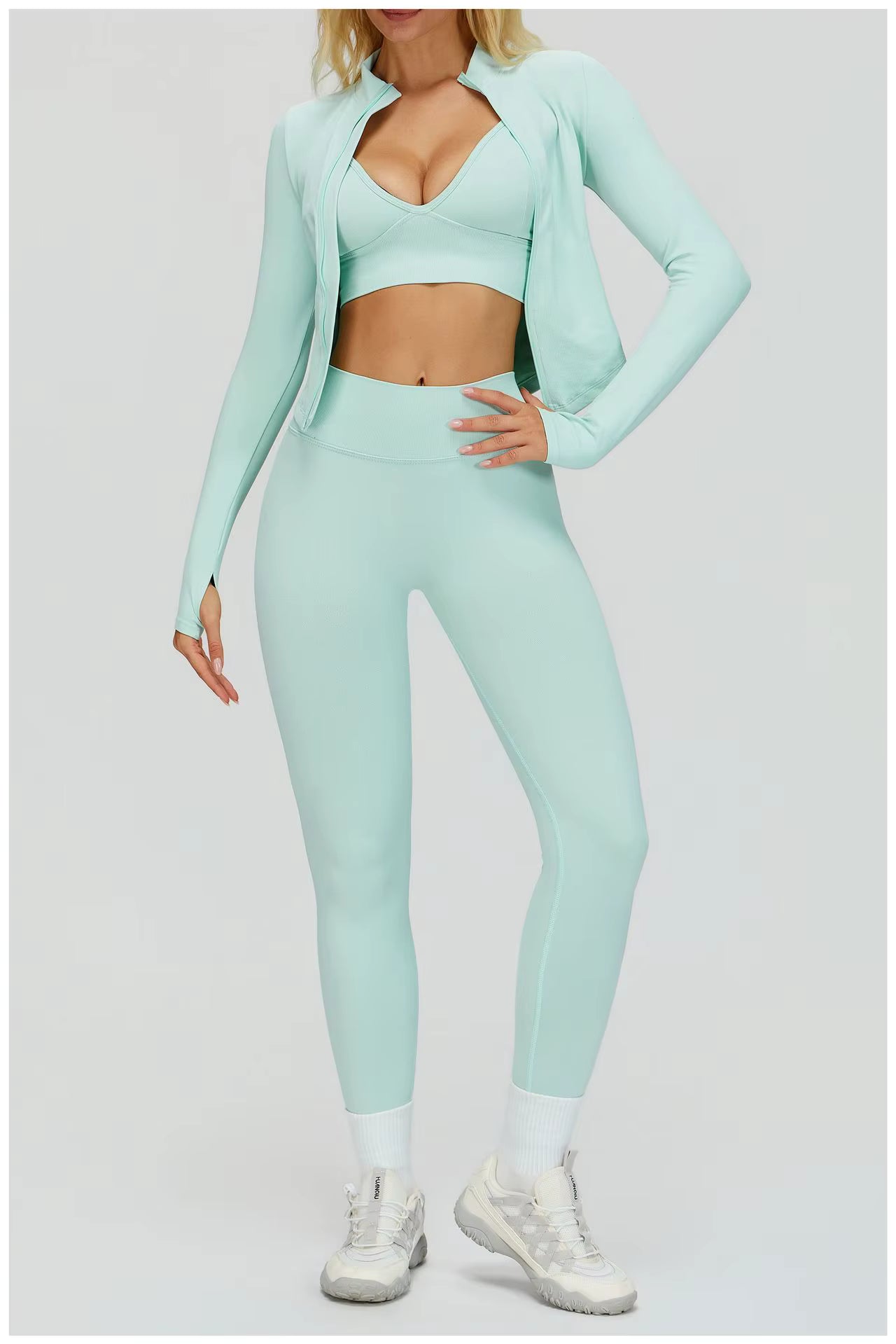 Damen Sportoutfit 3-teilig Leggings BH Jacke