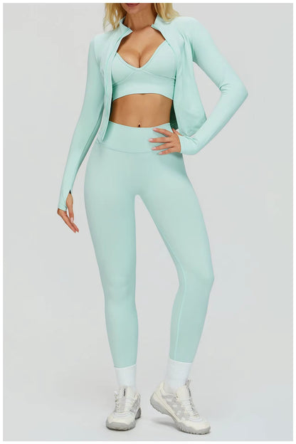 Damen Sportoutfit 3-teilig Leggings BH Jacke