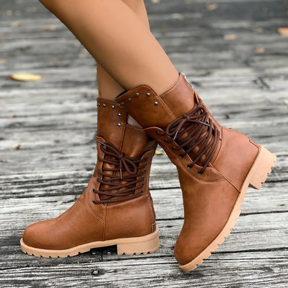 Ravena Damen Schnürstiefel Robust Nieten Profilsohle Schwarz - Norvielle