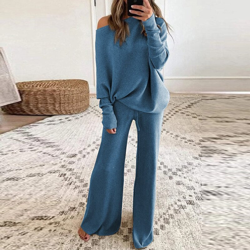 Norvielle Damen Ein-Schulter-Pullover Hosen-Set