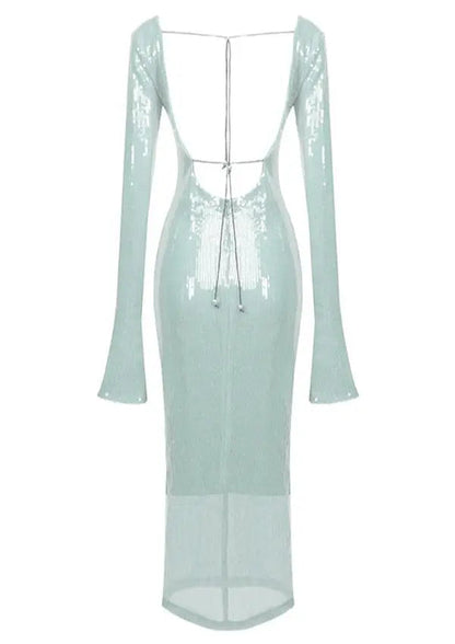 Mintgrünes Damenkleid mit Spitze und langen Ärmeln