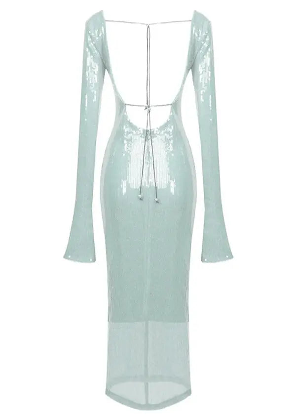 Mintgrünes Damenkleid mit Spitze und Glitzer Effekt, Langärmlig