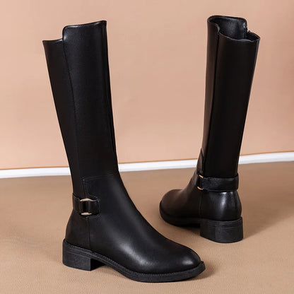 Damen Knee High Stiefel Schwarz Metallschnalle Reißverschluss - Norvielle
