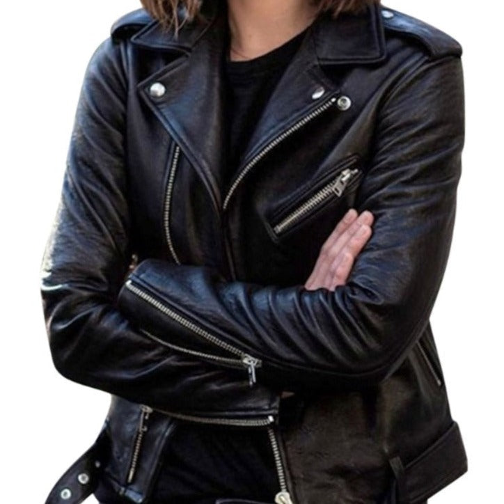 Norvielle Damen Kunstlederjacke Slim Fit Schwarz - Norvielle